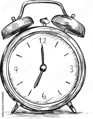 Vintage black and white drawing of an alarm clock. Vector illustration in sketch style