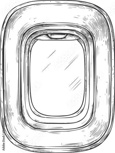 Airplane window sketch in monochrome with detailed shading and reflection. Vector illustration