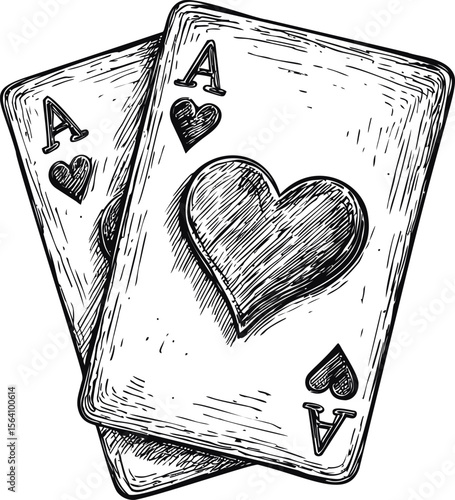 Two hand-drawn ace of hearts playing cards in sketch style. Vector illustration