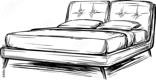 Sketch of a modern bed with pillows and tufted headboard in black and white. Vector illustration