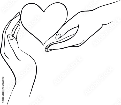 Hands reaching for a heart symbol in black and white line drawing. Vector illustration in sketch style