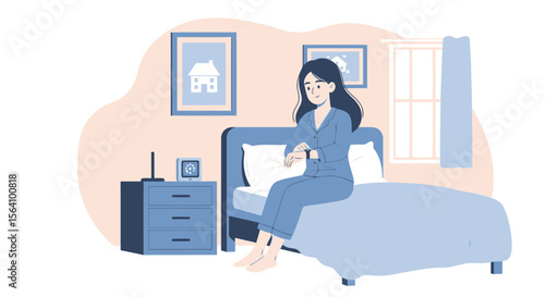 Woman Checking Smartwatch On Bed In Bedroom Early Morning Routine