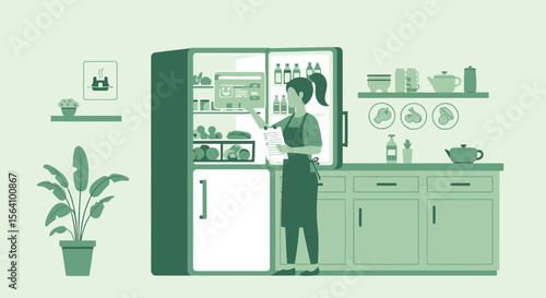 Woman Checks Inventory Using Tablet Near Open Refrigerator At Home