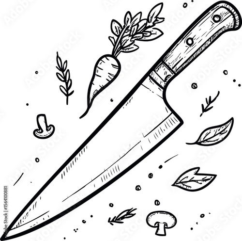 Illustration of kitchen knife with herbs and vegetables, black and white sketch. Vector illustration