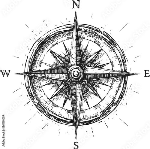 Vintage compass rose sketch with detailed directional points. Vector illustration