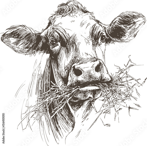 Ink sketch of a cow chewing hay with detailed facial features, farm life. Vector illustration