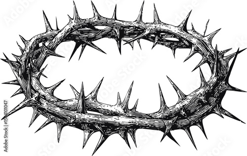 Black and white drawing of a thorny crown, symbol of suffering and sacrifice. Vector illustration in sketch style