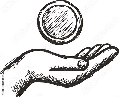 Hand sketch with coin flipping in black and white. Vector illustration