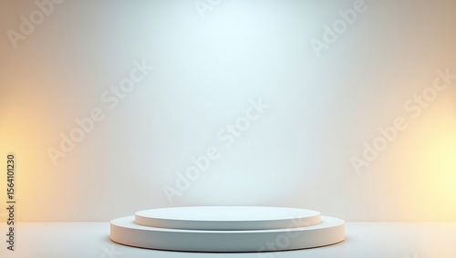 Minimalist white two tiered podium with soft warm lighting background
