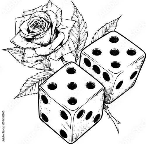 Black and white rose and dice illustration with detailed realistic shading. Vector illustration in sketch style