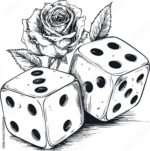 Detailed black and white sketch of two dice and a blooming rose flower. Vector illustration