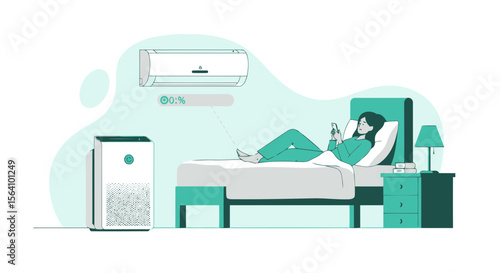 Woman Relaxing In Bed With Air Purifier and Air Conditioner Illustration