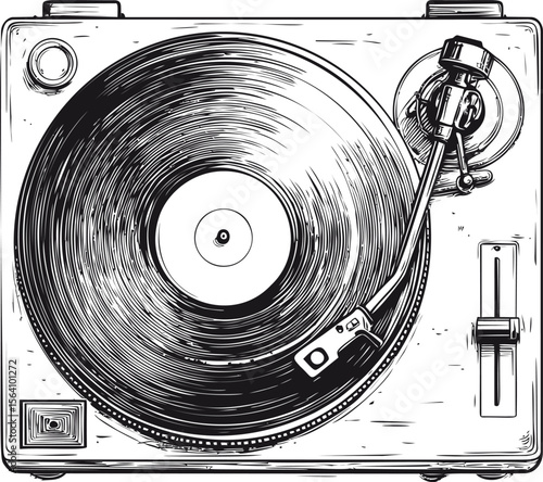 Black and white illustration of a vintage vinyl record player top view. Vector illustration in sketch style