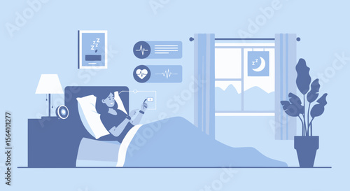 Woman In Bed Using Smartwatch Tracking Sleep Data Health Monitoring System