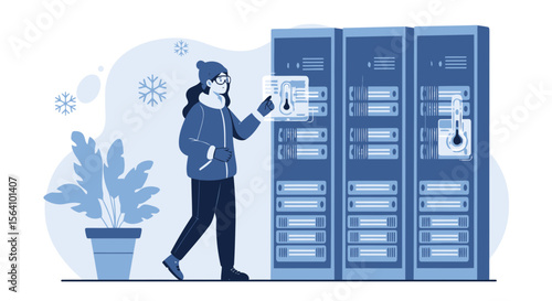 Woman Technician Monitoring Server Room Temperature in Winter Season