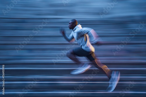A dark-skinned man in a light grey hoodie and dark shorts sprints past a blurred urban backdrop at night, his motion captured in a dynamic, streaked image