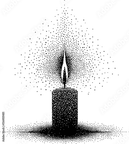 Black and white stippling art of a candle with flame and dotted details. Vector illustration in sketch style