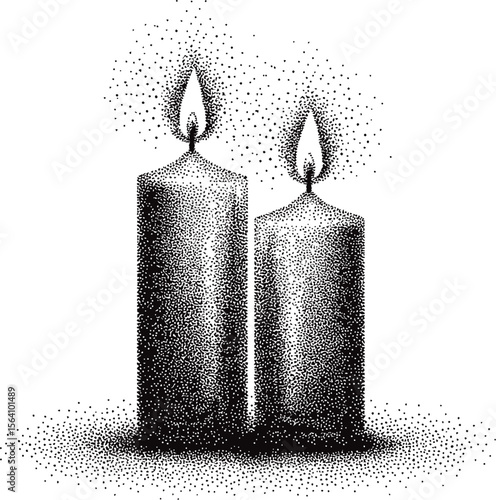 Two lit candles with dotted texture artwork in black and white style. Vector illustration