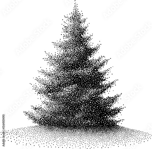 Dotwork illustration of a single christmas pine tree in black and white, vintage style. Vector illustration