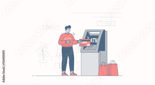 Worried Man Using Atm To Withdraw Money After Shopping Transaction