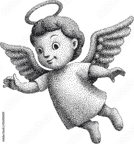 Dotted illustration of a cute angel figurine with wings and halo in black and white. Vector illustration