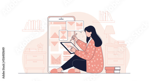 Woman Working On Tablet And Phone Illustration For Creative Graphic Design