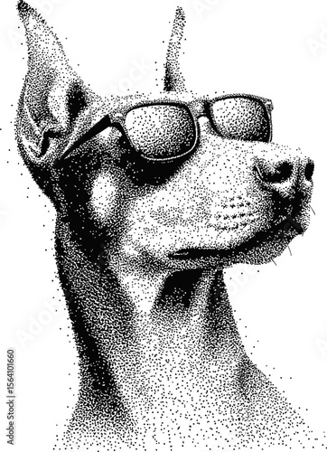 Stylish doberman in sunglasses made with pointillism style drawing. Vector illustration
