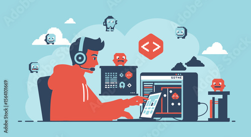 Young Developer Creating Video Game With Characters On The Computer Display In Colorful Design