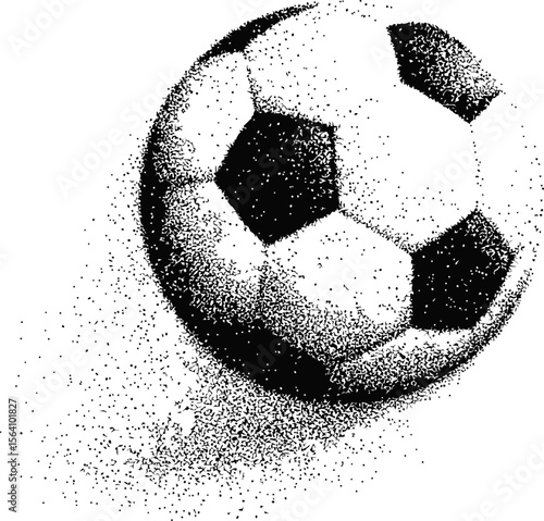 Black and white stipple art of a soccer ball in motion, abstract ink effect. Vector illustration in sketch style