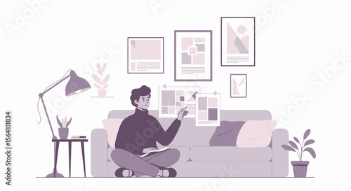 Young Man Designs Website Layouts At Home Creating Visual Compositions On The Sofa