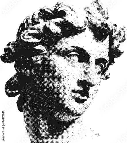 Classical sculpture head with halftone effect in black and white. Vector illustration