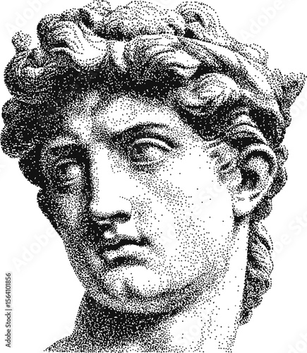 Pointillism art of a classical statue head with detailed expression. Vector illustration