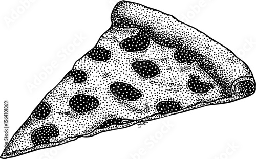Hand-drawn black and white pepperoni pizza slice. Vector illustration in sketch style