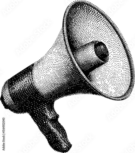 Monochrome vintage megaphone illustration with dot halftone texture. Vector illustration