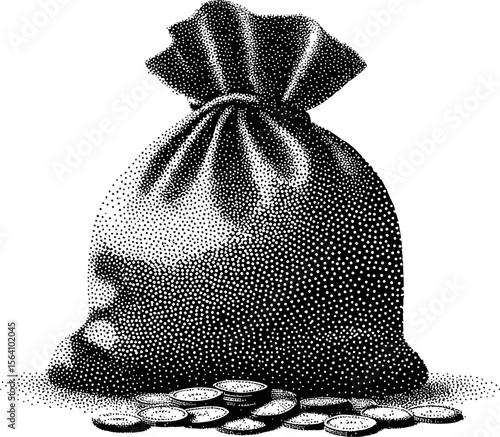 Bag of coins in black and white with halftone effect, financial concept. Vector illustration