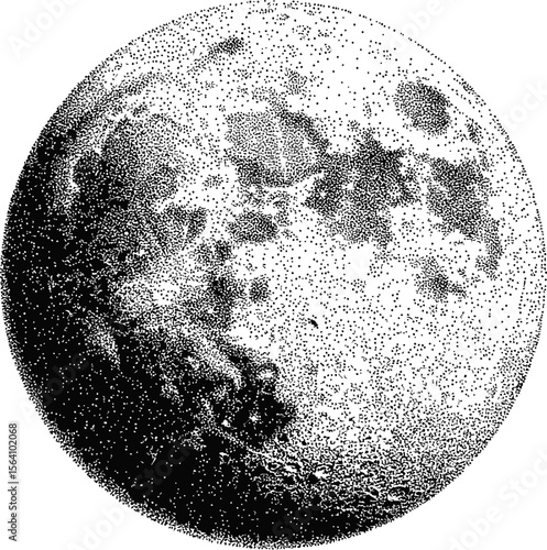 Detailed halftone illustration of the moon in black and white etched style. Vector illustration