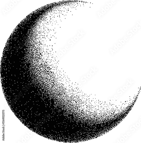 Monochrome crescent moon made of stippled dots. Vector illustration