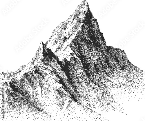 Monochrome dotted illustration of a mountain peak with rugged slopes. Vector illustration