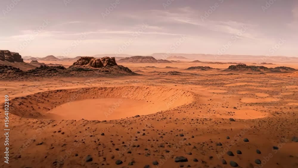 Panoramic of the Martian landscape with craters, rocks, and planet Mars surface.