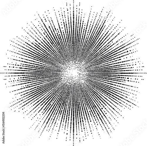Dotted radial burst pattern creating an abstract sunburst effect. Vector illustration in sketch style