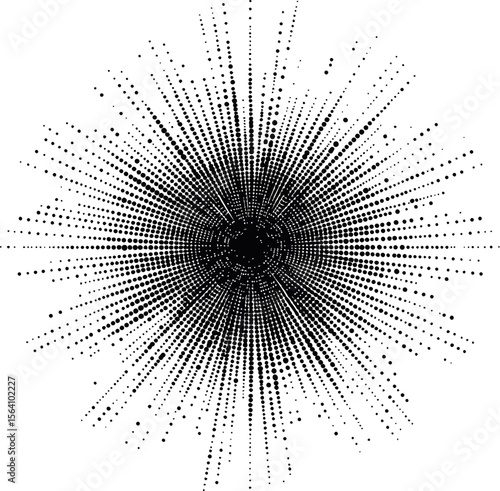Abstract black and white radial halftone pattern. Vector illustration in sketch style
