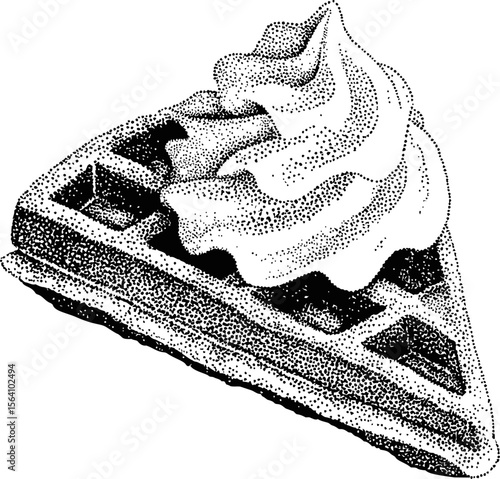 Black and white sketch of a waffle with whipped cream in pointillism style. Vector illustration