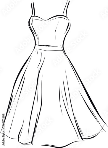 Elegant black and white sketch of a sleeveless A-line dress. Vector illustration