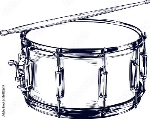 Illustration of a detailed snare drum with drumsticks on top, monochrome art. Vector illustration in sketch style