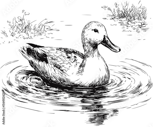 Illustration of a duck swimming in a pond with rippling water and surrounding grass. Vector illustration in sketch style