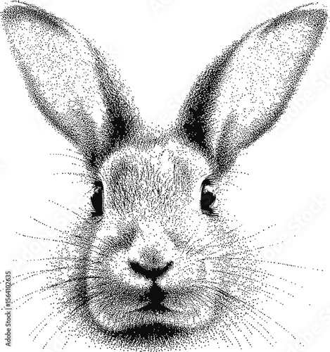 Pointillism art depicting a detailed black and white rabbit face. Vector illustration
