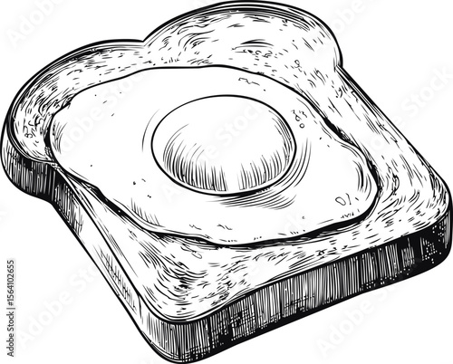 Hand drawn illustration of a toast with a fried egg on top in black and white. Vector illustration in sketch style