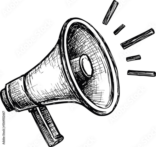 Scribbled drawing of a megaphone with sound lines, artistic black and white sketch. Vector illustration