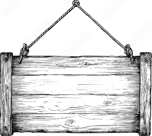 Blank wooden signboard with rope, vintage. Vector illustration in sketch style