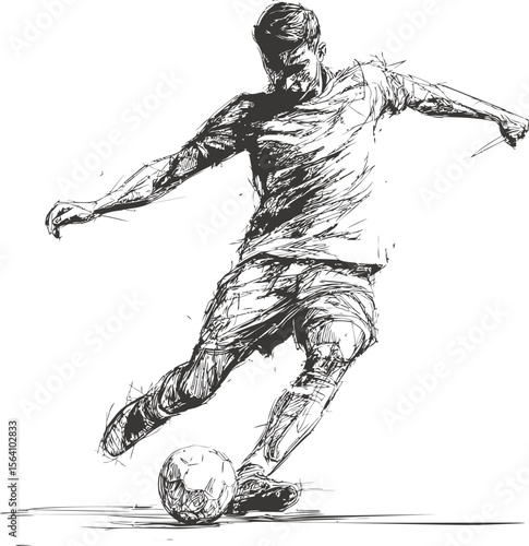 Dynamic sketch of a football player kicking ball with intense motion, concept art. Vector illustration